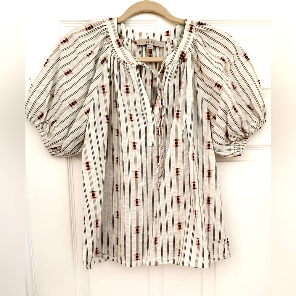 LOFT Puff Sleeve Blouse with Tie Front, Size Small